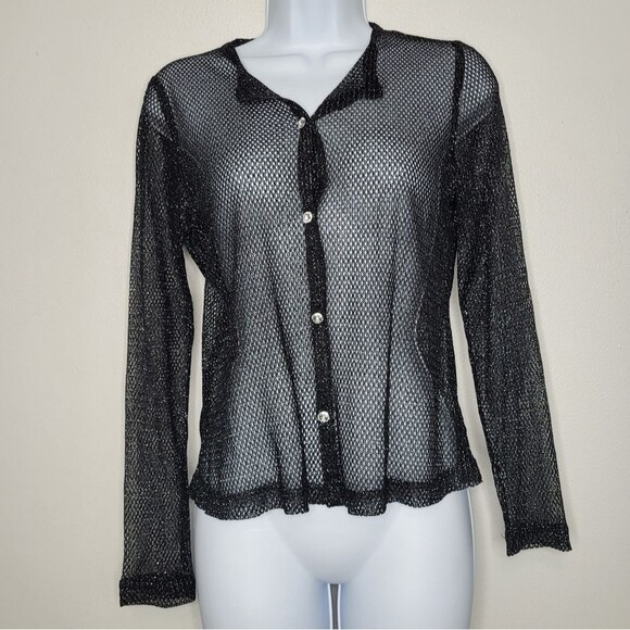 JS Collections black sparkly open knit button front long sleeve Size 6 - Picture 1 of 6